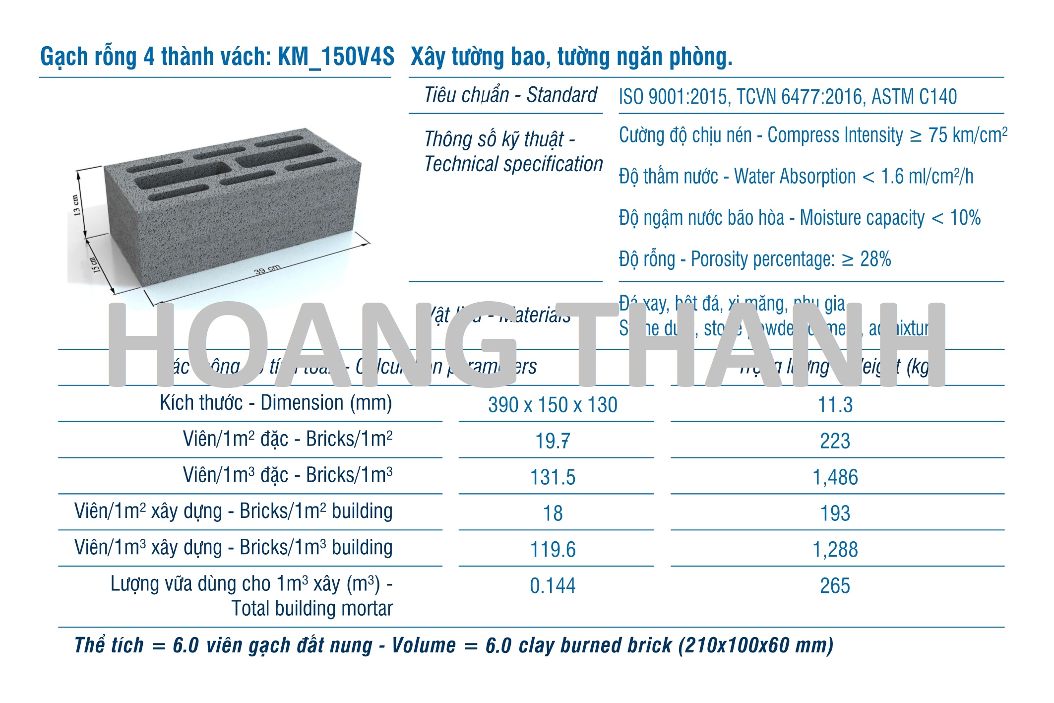 Gạch xmcl cao 190mm xây tường rỗng 100mm